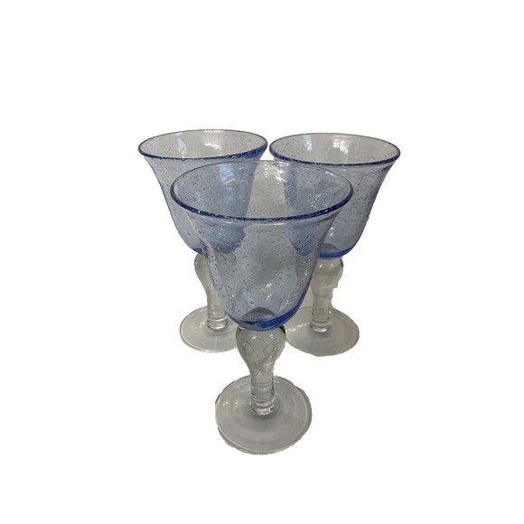 3 Artland Iris Light Blue Hand Blown Bubble Glass Bulbous Clear Stem Goblets - Picture 2 of 15